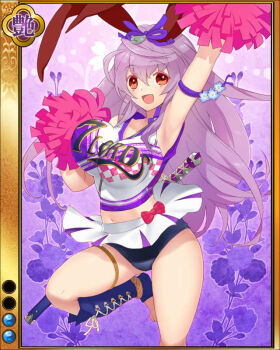 Rule 34 | 1girl, animal ears, artist request, bouncing breasts, breasts, rabbit ears, buruma, card (medium), cheerleader, female focus, flower, jpeg artifacts, katana, large breasts, long hair, midriff, navel, official art, open mouth, pom pom (cheerleading), purple background, purple hair, red eyes, sengoku bushouki muramasa, sheath, sheathed, skirt, solo, sword, toudou takatora (sengoku bushouki muramasa), weapon