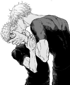 Rule 34 | 2boys, blush, commentary request, compression shirt, french kiss, from side, gojou satoru, hands on another's neck, height difference, highres, itadori yuuji, jujutsu kaisen, kiss, male focus, multiple boys, nay bb, short hair, simple background, standing, upper body, white background, yaoi