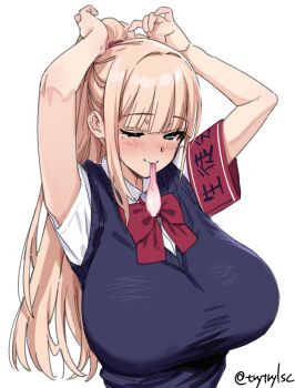 1girl alternate_hairstyle armband blonde_hair bow bowtie breasts closed_mouth condom green_eyes highres jinguji_ayano large_breasts long_hair looking_at_viewer mole mole_under_eye mouth_hold one_eye_closed original ponytail red_armband red_bow red_bowtie school_uniform smile solo sweater_vest try_(lsc) twitter_username tying_hair used_condom very_long_hair