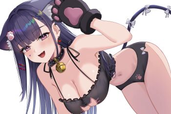 1girl akuma_nihmune akuma_nihmune_(nyami) animal_ears animal_hands bell black_panties breasts cat_ears cat_girl cat_tail cleavage cleavage_cutout clothing_cutout collar earrings facial_mark fang frills gloves hair_ornament heart heart_facial_mark highres indie_virtual_youtuber jewelry jingle_bell kuwahara_taiki large_breasts long_hair looking_at_viewer navel open_mouth panties paw_gloves paw_hair_ornament purple_eyes purple_hair smile tail thighs underwear virtual_youtuber
