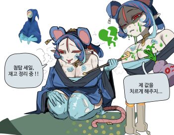 1girl :p absurdres animal_ears bare_shoulders bbizim03 blue_hair blue_thighhighs breasts candle choker cleavage ear_tag fake_merchant_(slay_the_spire) fangs hair_between_eyes highres holding holding_smoking_pipe korean_text large_breasts looking_at_viewer mole mole_on_breast mouse_ears mouse_girl mouse_tail multicolored_hair multiple_girls multiple_views notched_ear off_shoulder one_eye_closed open_mouth pointy_ears ponytail potion red_eyes red_streaks reference_inset sarashi scales seiza shaded_face sitting slay_the_spire slay_the_spire_2 smoking_pipe streaked_hair tail thighhighs tongue tongue_out