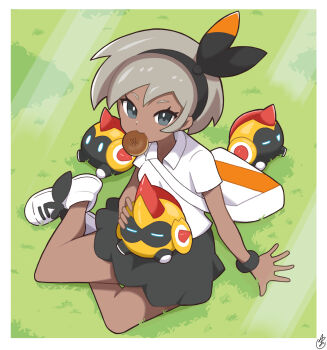 1girl alternate_costume bad_id bad_pixiv_id bag bea_(pokemon) black_skirt bracelet collared_shirt commentary_request dark-skinned_female dark_skin day eyelashes falinks food food_in_mouth gen_8_pokemon grass grey_eyes grey_hair hairband highres jewelry light_beam mouth_hold nintendo on_lap outdoors pokemon pokemon_(creature) pokemon_on_lap pokemon_swsh school_uniform shirt shoes short_hair short_sleeves shoulder_bag sitting skirt tanitaniyaaan white_footwear white_shirt yokozuwari