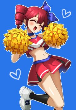Rule 34 | 1girl, blue background, blush, cheerleader, choker, closed eyes, commentary request, crop top, drill hair, hair ribbon, heart, highres, holding, holding pom poms, kasane teto, midriff, n0 image, navel, open mouth, pink hair, pom pom (cheerleading), pom poms, ribbon, shirt, skirt, sleeveless, sleeveless shirt, smile, socks, solo, standing, standing on one leg, twin drills, utau
