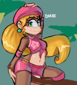 Rule 34 | 1girl, ape, belt, blonde hair, blush, breasts, curvy, davenextdoor (justdavefnd), dixie kong, donkey kong (series), earrings, green eyes, hat, highres, jewelry, knee pads, long hair, medium breasts, midriff, monkey girl, navel, nintendo, ponytail, shorts, thighs, very long hair