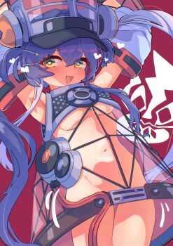 1girl absurdres blush breasts c_civciv cowboy_shot detached_sleeves dress duel_monster green_eyes highres killer_tune_cue long_hair no_panties purple_hair red_background revealing_clothes see-through_clothes see-through_dress simple_background small_breasts solo twintails white_sleeves yu-gi-oh!