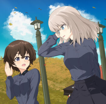 2girls absurdres ada_badguy akaboshi_koume autumn_leaves blue_eyes brown_hair dress_shirt girls_und_panzer grey_hair grey_shirt highres insignia itsumi_erika kuromorimine_school_uniform lamppost leaf long_sleeves looking_at_another medium_hair multiple_girls outdoors school_uniform shirt short_hair wavy_hair