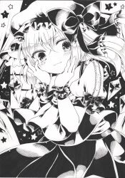Rule 34 | 1girl, bow, closed mouth, cowboy shot, crystal, flandre scarlet, greyscale, hair between eyes, hands on own cheeks, hands on own face, hat, hat bow, hat ribbon, highres, light smile, looking at viewer, medium hair, mob cap, monochrome, one side up, puffy short sleeves, puffy sleeves, ribbon, shirt, short sleeves, skirt, solo, star (symbol), touhou, traditional media, v-shaped eyebrows, vest, wings, wrist cuffs, yukkii (yukkii710)