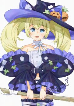 1girl animal_ear_fluff animal_ears bare_shoulders black_jacket black_shorts blonde_hair blue_eyes cat_ears commentary_request cowboy_shot frilled_jacket frilled_thighhighs frilled_tube_top frills gambier_bay_(halloween)_(kancolle) gambier_bay_(kancolle) gambier_bay_mk_ii_(kancolle) halloween_costume hat jack-o&#039;-lantern_hat_ornament jacket kantai_collection long_hair makinoki shorts solo strapless thighhighs tube_top twintails white_tube_top witch_hat