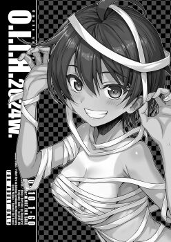 1girl 40010prototype armpit_crease bandages breasts claw_pose comiket_105 greyscale hands_up highres looking_at_viewer make_heroine_ga_oo_sugiru! medium_breasts monochrome naked_bandage nipples one-piece_tan short_hair smile solo tan tanline teeth upper_body yakishio_lemon