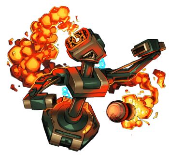 Rule 34 | absurdres, armor, bomb, explosion, explosive, family computer robot, fire, full body, green armor, highres, izzzybopz, looking at viewer, missile, nintendo, no humans, one-eyed, robot, simple background, smoke, solo, super smash bros., transparent background, white background