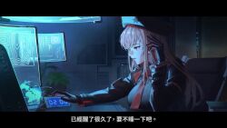 1girl animated backlighting black_gloves black_jacket brown_hair character_request clothing_cutout computer curvy multiple_expressions full_body gloves goddess_of_victory:_nikke gun gun_sling hat highres jacket kim_hyung_tae leotard leotard_under_clothes long_hair looking_at_another looking_to_the_side neon_lights official_art rapi_(nikke) ryona simple_background sitting sky solo sound sprite tagme talking thigh_cutout thighhighs thinking very_long_hair video weapon wide_hips window