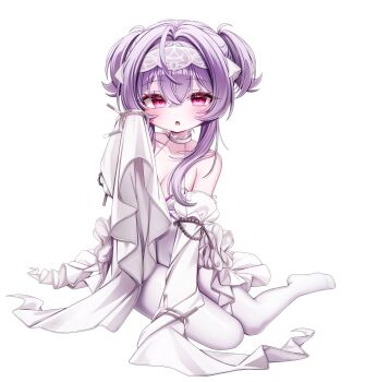 1girl absurdres aged_down bare_shoulders belt belt_collar breasts cleavage collar collarbone commentary crossed_bangs dasom detached_sleeves dress fang full_body goddess_of_victory:_nikke hair_between_eyes hair_intakes hairband hand_up highres liberalio_(nikke) long_sleeves medium_breasts medium_hair open_mouth pantyhose purple_eyes simple_background sitting skin_fang sleeveless sleeveless_dress sleeves_past_fingers sleeves_past_wrists solo white_background white_belt white_collar white_dress white_hairband white_pantyhose