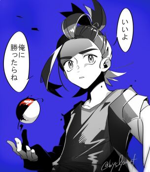 1boy commentary_request greyscale greyscale_with_colored_background jacket kao_(gururincho) kieran_(pokemon) long_sleeves male_focus mole mole_on_neck monochrome nintendo open_clothes open_jacket poke_ball poke_ball_(basic) pokemon pokemon_scarlet_and_violet simple_background solo speech_bubble spot_color tank_top translation_request twitter_username upper_body