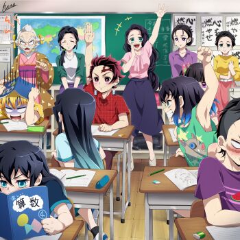 5girls 6+boys aqua_eyes aqua_hair arm_up belt black_hair black_skirt blue_hair book breasts brown_pants circle classroom closed_eyes closed_mouth desk earrings eraser facial_hair facial_scar forehead green_eyes green_jacket green_tank_top hair_ornament hana_ni_nare hand_up haori hashibira_inosuke hashibira_kotoha highres jacket japanese_clothes jewelry kamado_kie kamado_tanjirou kimetsu_no_yaiba kimono long_hair long_sleeves multiple_boys multiple_girls mustache open_mouth pants pencil pink_kimono pink_shirt pink_skirt ponytail purple_eyes purple_shirt red_eyes red_hair red_shirt scar scar_on_cheek scar_on_face scar_on_forehead shinazugawa_genya shirt short_hair skirt square tank_top teeth tokitou_muichirou tokitou_yuichirou triangle triangle_print tsuyuri_kanao white_belt white_hair white_shirt yellow_shirt