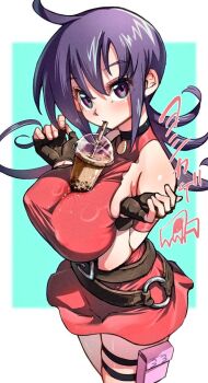 1girl aqua_background belt border breasts breasts_squeezed_together brown_belt brown_gloves bubble_tea_challenge commentary_request cowboy_shot dress drinking duel_masters fingerless_gloves gloves large_breasts long_hair looking_at_viewer o-ring o-ring_belt outside_border pouch purple_eyes purple_hair red_dress short_dress sidelocks signature sleeveless sleeveless_dress solo tasogare_mimi thigh_pouch white_border yoshikage_(yo4kage)