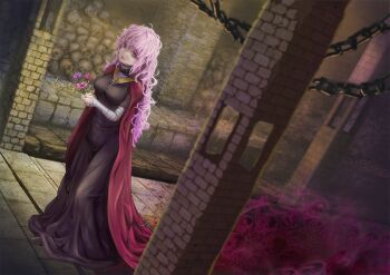 1girl aura bandaged_arm bandages black_dress chain cloak commentary_request commission dark_aura dress dungeon dys expressionless fantasy flower grey_eyes holding holding_flower long_hair nun original parted_lips pink_hair skeb_commission skeleton skull solo wavy_hair