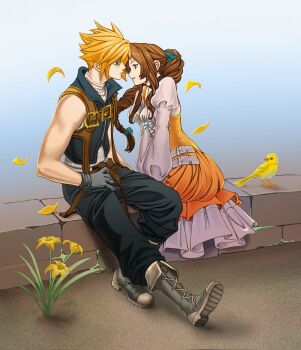 1boy 1girl aerith_gainsborough aerith_gainsborough_(garnet's_gown) aqua_ribbon bare_shoulders belt bird black_choker black_pants blonde_hair blue_eyes boots braid braided_ponytail breasts brick_wall brown_belt canary chest_harness choker closed_mouth cloud_strife cloud_strife_(zidane's_outfit) cosplay couple crystal dress falling_leaves final_fantasy final_fantasy_vii final_fantasy_vii:_ever_crisis flower full_body garnet_til_alexandros_xvii garnet_til_alexandros_xvii_(cosplay) gloves green_eyes grey_boots grey_gloves grey_wrist_cuffs hair_between_eyes hair_ornament hair_ribbon hairclip hand_on_own_hip harness herzenreine hetero highres jewelry juliet_sleeves leaf lily_(flower) long_dress long_sleeves looking_at_another medium_breasts official_alternate_costume orange_dress outdoors pants parted_bangs parted_lips pendant puffy_sleeves ribbon shirt short_hair sidelocks single_braid sitting sitting_on_wall sleeveless sleeveless_turtleneck smile spiked_hair suspenders sweater turtleneck turtleneck_sweater white_shirt white_sweater wrist_cuffs yellow_bird yellow_flower zidane_tribal zidane_tribal_(cosplay)