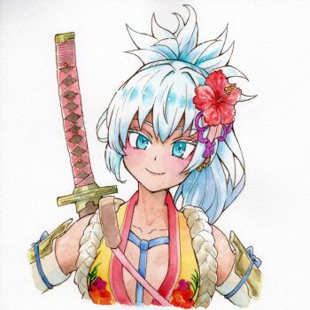 1girl armor blue_eyes breasts closed_mouth collarbone commentary_request conachun eyelashes flower hibiscus highres japanese_armor large_breasts looking_at_viewer matsuri_(rune_factory) painting_(medium) ponytail rune_factory rune_factory:_guardians_of_azuma shoulder_armor simple_background smile sode solo sword sword_on_back traditional_media upper_body watercolor_(medium) weapon weapon_on_back