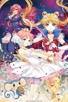 00s 1990s_(style) 3girls ahiru_(duck)_(princess_tutu) ahiru_(princess_tutu) ahoge ballerina ballet bird bishoujo_senshi_sailor_moon bishoujo_senshi_sailor_moon_supers blonde_hair blue_eyes blue_sailor_collar blush bow cat choker chu_chu chu_chu_(shoujo_kakumei_utena) cookie crossover crown double_bun dress dual_persona duck eating elbow_gloves flower food gloves gold_crown hair_bun hair_ornament hairpin kaleidomoon_scope kaze-hime long_hair luna_(sailor_moon) magical_girl monkey mouse_(animal) multiple_crossover multiple_girls pink_hair princess_tutu princess_tutu_(character) red_bow red_flower red_rose retro_artstyle rod rose sailor_collar sailor_moon serious short_hair shoujo_kakumei_utena staff super_sailor_moon tenjou_utena tsukino_usagi tutu twintails watermark web_address white_dress white_flower white_gloves white_rose