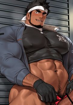 1boy abs arm_hair bar_censor bara beard biceps black_gloves black_hair black_shirt blue_jacket blush broad_shoulders brown_eyes censored chinstrap_beard covered_erect_nipples erection facial_hair fang fur-trimmed_jacket fur_trim gloves headband heavy_breathing highres huge_pectorals jacket jewelry kuromine_hiraya layered_clothes logo looking_to_the_side male_focus muscular muscular_male mustache_stubble navel nose original pendant penis penis_peek pubic_hair red_ribbon ribbon shiny_skin shirt solo spiked_hair stomach_hair stubble sweatdrop thick_arms thick_eyebrows tight_clothes tight_jacket tight_shirt white_headband