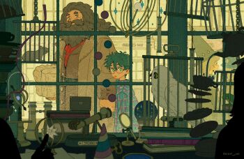 artist_name astrolabe beard bird birdcage black_hair blue_shirt brown_coat brown_eyes brown_hair cage child coat collared_shirt crystal crystal_ball facial_hair glasses green_eyes hair_between_eyes harry_potter harry_potter_(series) hat hedwig helen_jee highres long_hair male_focus mature_male mook mouse_(animal) mustache owl parted_lips plaid_clothes plaid_shirt round_eyewear rubeus_hagrid shirt short_hair storefront telescope window wizard_hat wizarding_world