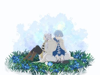 1boy 1girl black_boots black_pantyhose blue_flower blue_hair blue_jacket boots brown_boots capelet cloak closed_eyes couple elf field flower flower_field forget-me-not_(flower) frieren full_body gold_trim green_eyes grey_hair hair_between_eyes hetero highres himmel_(sousou_no_frieren) indian_style jacket looking_at_another pants pantyhose parted_bangs pointy_ears shirt short_hair silver_trim sitting skirt somei2929 sousou_no_frieren striped_clothes striped_shirt twintails white_capelet white_cloak white_pants white_skirt