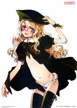 1girl :d absurdres arched_back artist_name beret black_thighhighs blonde_hair blue_eyes blush bow bow_panties bowtie cowboy_shot dengeki_moeoh flat_chest frilled_panties frills gluteal_fold green_bow green_bowtie green_hat groin hair_between_eyes hand_on_headwear hand_up hat highres long_hair looking_at_viewer magazine_scan navel no_bra ooyari_ashito open_mouth original panties puffy_short_sleeves puffy_sleeves scan short_sleeves sidelocks simple_background smile solo thighhighs third-party_source underwear wavy_hair white_background white_panties wristband