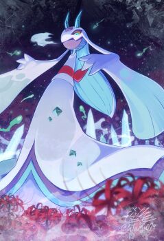 Rule 34 | blue eyes, blue sclera, breath, closed mouth, colored sclera, flower, froslass, gen 4 pokemon, highres, horns, ice, ice horns, looking at viewer, mega froslass, mega pokemon, night, night sky, nintendo, no humans, pokemon, pokemon (creature), pokemon focus, sash, sky, solo, spider lily, tatsumi (panneko), yellow sclera