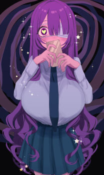 1girl absurdres blue_necktie blue_skirt blush breasts cellphone collared_shirt commentary_request covered_mouth cowboy_shot eurasia_(wtp09ptw14) eyepatch francoise_(eurasia) grey_shirt hands_up heart heart-shaped_pupils highres holding holding_phone large_breasts long_hair long_sleeves looking_at_viewer miniskirt necktie one_eye_covered original parted_bangs phone pleated_skirt purple_background purple_eyes purple_hair shirt shirt_tucked_in skirt smartphone solo sparkle straight-on symbol-shaped_pupils very_long_hair wavy_hair
