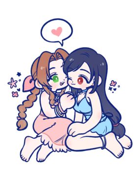 105zz 2girls :3 aerith_gainsborough bare_arms bare_shoulders barefoot black_hair blue_choker blue_dress braid braided_ponytail breasts brown_hair chibi chibi_only choker cleavage closed_mouth commentary_request dress earrings final_fantasy final_fantasy_vii final_fantasy_vii_remake full_body gold_bangle green_eyes hair_ribbon hair_tubes heart jewelry light_blush long_dress long_hair low-tied_long_hair medium_breasts multiple_girls official_alternate_costume one_eye_closed open_mouth parted_bangs pink_dress pink_ribbon red_eyes ribbon short_dress sidelocks silver_bangle single_braid spoken_heart tifa_lockhart tifa_lockhart_(refined_dress) white_background yuri
