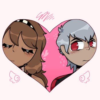 1boy 1girl albedo_(ben_10) annoyed ben_10 ben_10:_omniverse blush brown_hair charlene_bojarski_fox dark_skin eyelashes fishhstickz flustered headband heart highres non-web_source oc_x_canon original pale_skin red_eyes scarf striped_clothes striped_headband striped_scarf tsundere