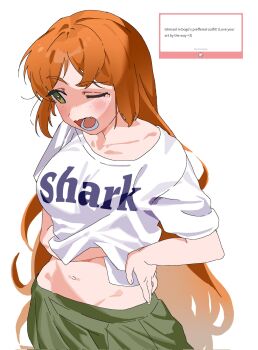 1girl clothes_writing freckles green_eyes green_skirt hand_on_own_hip hand_under_clothes hand_under_shirt highres ishmael_(project_moon) limbus_company long_hair marshmallow_(site) open_mouth orange_hair project_moon request_inset shirt short_sleeves sidelocks simple_background skirt solo very_long_hair white_background white_shirt yawning yongsadragon