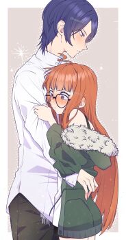 1boy 1girl ahoge black-framed_eyewear black_pants blue_eyes blue_hair blunt_bangs blush border bra_strap closed_mouth commentary_request cowboy_shot from_side fur-trimmed_jacket fur_trim glasses green_jacket grey_background height_difference hetero highres hug jacket jacket_partially_removed kitagawa_yuusuke kosei_high_school_uniform long_hair looking_down medium_hair mozuku_3 nose_blush orange_hair outside_border pants persona persona_5 purple_eyes sakura_futaba school_uniform shirt sidelocks standing twitter_username white_border white_shirt wide-eyed