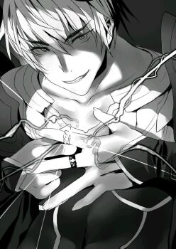 1boy armor cloak collarbone covered_navel diablo_(isekai_maou) fang fingerless_gloves gloves glowing greyscale isekai_maou_to_shoukan_shoujo_no_dorei_majutsu jewelry lightning looking_at_viewer monochrome novel_illustration official_art open_hand ring shirt short_hair shoulder_armor sidelocks simple_background smile solo spread_fingers teeth third-party_source tsurime tsurusaki_takahiro upper_body v-shaped_eyebrows