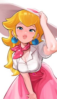 1girl arm_up belt blonde_hair blue_eyes blush breasts cleavage commentary earrings english_commentary hat highres jewelry lips long_eyelashes long_hair long_skirt looking_at_viewer mario_(series) mario_kart mario_kart_world medium_breasts mineru128127 neckerchief nintendo pink_belt pink_lips pink_neckerchief pink_skirt polka_dot_neckerchief princess_peach princess_peach_(vacation) puffy_short_sleeves puffy_sleeves shirt short_sleeves simple_background skirt smile solo sphere_earrings sun_hat white_hat white_shirt