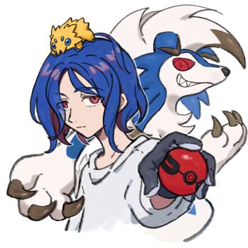 1boy blue_eyes blue_hair bug chinese_commentary claws colored_inner_hair commentary_request crossover gen_5_pokemon gen_7_pokemon gloves gundam gundam_gquuuuuux highres holding holding_poke_ball joltik looking_at_viewer lower_eyelashes_only lycanroc lycanroc_(midnight) male_focus multicolored_hair nintendo poke_ball pokemon pokemon_(creature) purple_hair red_eyes sharp_teeth shenghuotui_xingxing shirt short_hair shuji_ito simple_background smile solo teeth two-tone_hair white_background white_shirt wolf