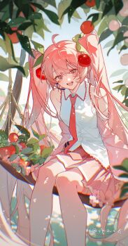 1girl ahoge artist_name bare_shoulders blurry blurry_foreground branch cherry cherry_hair_ornament cloudyman dappled_sunlight detached_sleeves feet_out_of_frame food food-themed_hair_ornament fruit hair_ornament hashtag-only_commentary hatsune_miku highres long_hair long_sleeves looking_at_viewer microphone necktie official_alternate_costume open_mouth outdoors pink_eyes pink_hair pink_necktie pink_skirt pink_sleeves plant pleated_skirt sakura_miku shirt sitting_on_branch skirt smile solo sunlight thigh_strap twintails upper_body very_long_hair vocaloid white_shirt