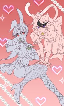 2boys absurdres acomem07 animal_ears bell cat_boy cat_ears cat_tail closed_mouth commentary crossdressing crossdressing_(mtf) curtained_hair drooling fishnet_thighhighs fishnets frilled_sleeves frills gloves heart high_heels highres holding holding_money invisible_chair kemonomimi_mode leotard male_focus maruko_gaku money mouth_drool multicolored_hair multiple_boys multiple_monochrome name_tag neck_bell open_mouth parted_bangs puffy_short_sleeves puffy_sleeves rabbit_ears red_background short_hair short_sleeves sitting smile spot_color sumino_takumi symbol-only_commentary tail the_hundred_line_-last_defense_academy- thighhighs two-tone_hair