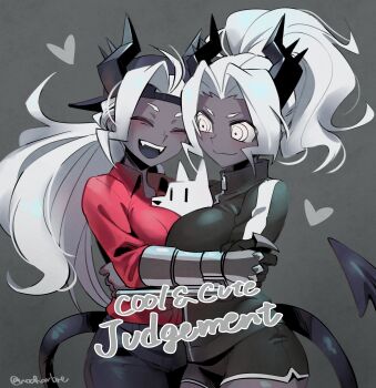 2girls absurdres blush character_name commentary demon_girl demon_horns demon_tail dog english_commentary english_text helltaker highres horns hug judgement_(helltaker) metal_gloves mixed-language_commentary multiple_girls noah_(tettsui-sole) red_shirt shirt shorts smile sportswear tail twitter_username white_eyes white_hair
