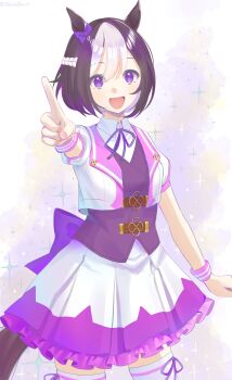 1girl absurdres animal_ears blush bow braid brown_hair collared_shirt ear_bow ear_ribbon half_up_braid highres horse_ears horse_girl horse_tail jacket looking_at_viewer multicolored_hair open_mouth pointing pointing_at_viewer purple_bow purple_eyes purple_ribbon purple_vest ribbon shinnatsu shirt short_hair short_sleeves skirt smile special_week_(special_dreamer)_(umamusume) special_week_(umamusume) tail thighhighs two-tone_hair umamusume vest white_hair white_shirt white_skirt white_thighhighs wristband