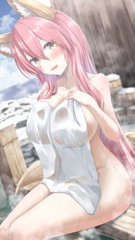 1girl animal_ear_fluff animal_ears bare_shoulders bathing blush breasts cleavage fate/grand_order fate_(series) fox_ears fox_girl fox_tail hair_between_eyes highres large_breasts long_hair looking_at_viewer naked_towel onsen open_mouth pink_hair sidelocks smile solo tail tamamo_(fate) tamamo_no_mae_(fate) thighs totororo towel wet yellow_eyes