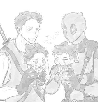 4boys animification bodysuit bottle chibi cigar commentary_request deadpool deadpool_&amp;_wolverine deadpool_(series) dog_tags dual_persona facial_hair gloves grin heart holding_chibi looking_at_another male_focus marvel marvel mask miyashishi1122 multiple_boys muscular short_hair smile smoke smoking superhero_costume sword sword_on_back tank_top weapon weapon_on_back wolverine_(x-men) x-men x-men_film_series x-men_origins:_wolverine