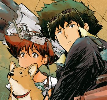 Rule 34 | 1boy, 1girl, absurdres, animal, animal collar, black eyes, black hair, black jacket, brown dog, close-up, closed mouth, collar, commentary, cowboy bebop, dark-skinned female, dark skin, device, dog, edward wong hau pepelu tivrusky iv, ein (cowboy bebop), frown, goggles, goggles around neck, goggles on head, highres, holding, holding animal, holding dog, jacket, long sleeves, object on head, popped collar, red collar, red hair, scene reference, shirt, short hair, short sleeves, side-by-side, spacecraft interior, spike spiegel, spiked hair, suit jacket, tobalin, weapon, welding goggles, welsh corgi, white shirt, yellow eyes, yellow shirt