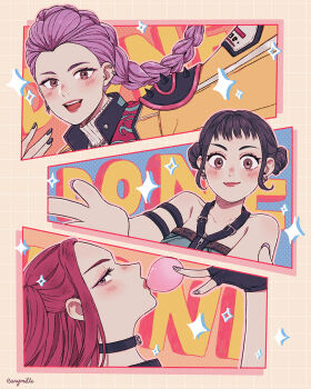 Rule 34 | 3girls, black choker, black gloves, black hair, braid, brown eyes, chewing gum, choker, collarbone, double bun, ear piercing, eurymille, fingerless gloves, gloves, hair bun, highres, kpop demon hunters, looking at viewer, mira (kpop demon hunters), multiple girls, open mouth, piercing, purple hair, reaching, reaching towards viewer, red hair, rumi (kpop demon hunters), shoulder pads, shoulder spikes, spikes, teeth, upper teeth only, zoey (kpop demon hunters)