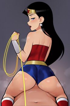 1girl ass black_hair blue_eyes dc_comics girl_on_top hetero highres leash long_hair loodncrood navel penis reverse_cowgirl_position sex sex_from_behind shiny_skin straddling vaginal wonder_woman wonder_woman_(series)
