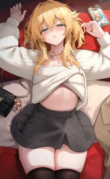 1boy absurdres aroused belly black_skirt blonde_hair blue_eyes bridget_(guilty_gear) bulge clothes_lift commentary_request erection erection_under_clothes guilty_gear guilty_gear_strive hakusyokuto half-closed_eyes highres jewelry long_hair looking_at_viewer lying male_focus necklace on_back on_bed phone roger_(guilty_gear) skirt stuffed_animal stuffed_toy sweat sweater sweater_lift teddy_bear thighhighs thighs trap