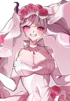 1girl bare_shoulders black_horns bow braid breasts bridal_veil choker cleavage dress flower frilled_dress frills grey_hair grin hair_flower hair_ornament horns jewelry large_breasts long_hair master_detective_archives:_rain_code necklace pink_flower rize_(rize0420) shinigami_(rain_code) smile solo teeth twin_braids twintails veil wedding_dress white_bow white_choker white_dress