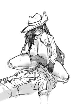 1boy 1girl absurdres breasts catnip_scent cigar coat collared_shirt commentary covered_eyes english_commentary fedora female_pubic_hair gloves greyscale hair_over_one_eye hat hetero highres holding holding_cigar inverted_nipples large_breasts limbus_company long_hair long_sleeves lucio_(project_moon) monochrome necktie one_eye_covered open_clothes open_coat open_mouth project_moon pubic_hair rolled shirt simple_background sitting sitting_on_face sitting_on_person smoke smoking spread_legs steaming_body sweat teeth valencina_(project_moon)