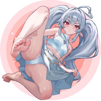 1girl ahoge annoyed armpits barefoot blush borrowed_character breasts closed_mouth clothes_lift crop_top elf full_body hair_between_eyes heart heart_ahoge highres holding_own_leg lifting_own_clothes long_hair looking_at_viewer original panties pointy_ears red_eyes shirt skirt skirt_lift small_breasts soles solo strange_old_cat toes twintails underwear very_long_hair white_hair white_panties white_shirt white_skirt