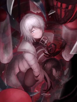 2girls absurdres arr_1l black_hair black_pantyhose black_shirt blue_eyes breasts coat e.g.o_(project_moon) faust_(project_moon) highres large_breasts limbus_company looking_at_viewer mask multiple_girls oxygen_mask oxygen_tank pantyhose project_moon respirator ryoshu_(project_moon) shirt short_hair simple_background skeleton_print sleeping_bag_of_a_bygone_day standing thoracalgia_(e.g.o) upper_body white_coat white_hair